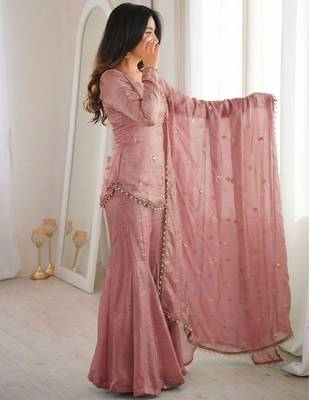 Elegant fandy silk embroidered kurta sharara set with dupatta for women 4