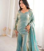 Elegant fandy silk embroidered kurta sharara set with dupatta for women