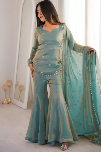 Elegant fandy silk embroidered kurta sharara set with dupatta for women