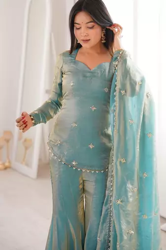 Elegant fandy silk embroidered kurta sharara set with dupatta for women