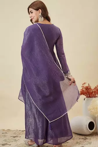 Elegant chanderi kurti pant set with solid bhagalpuri dupatta