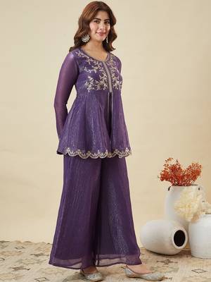 Elegant chanderi kurti pant set with solid bhagalpuri dupatta 4