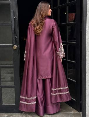 Elegant silk crepe embroidered kurti with patiala gharara & net striped dupatta for women 2