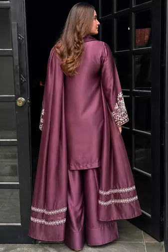 Elegant silk crepe embroidered kurti with patiala gharara & net striped dupatta for women