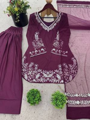 Elegant silk crepe embroidered kurti with patiala gharara & net striped dupatta for women 4