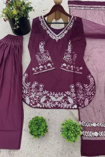 Elegant silk crepe embroidered kurti with patiala gharara & net striped dupatta for women
