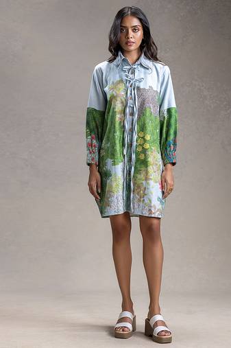 Blue printed twill cotton short dress