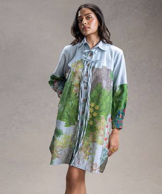 Blue printed twill cotton short dress 2