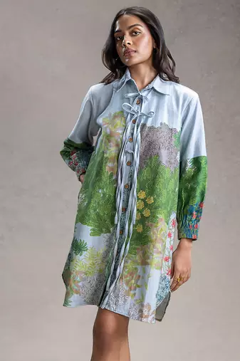 Blue printed twill cotton short dress