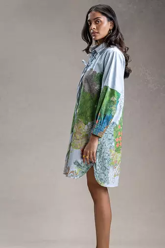 Blue printed twill cotton short dress