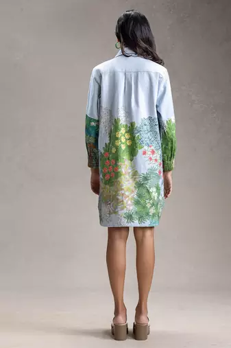 Blue printed twill cotton short dress