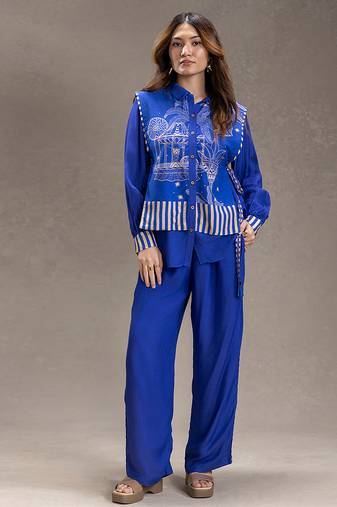 Royal blue printed cotton silk co ord set