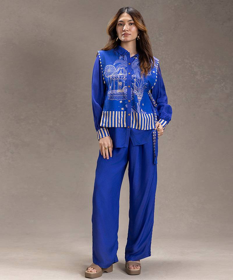 Royal blue printed cotton silk co ord set
