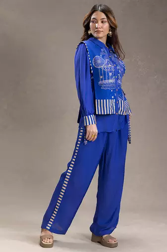 Royal blue printed cotton silk co ord set