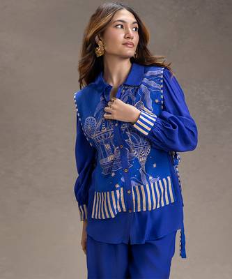 Royal blue printed cotton silk co ord set 3