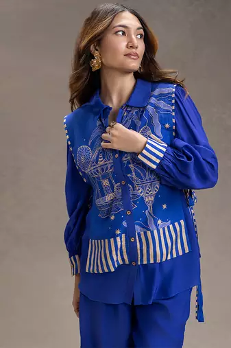 Royal blue printed cotton silk co ord set