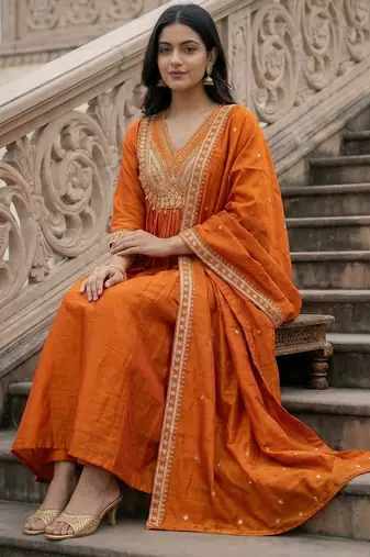 cp vichitra embroidered kurti set with embroidered dupatta for women