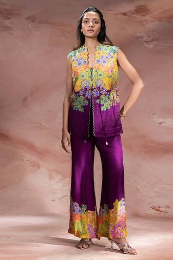 Purple embroidered silk co ord set