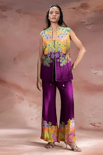 Purple embroidered silk co ord set