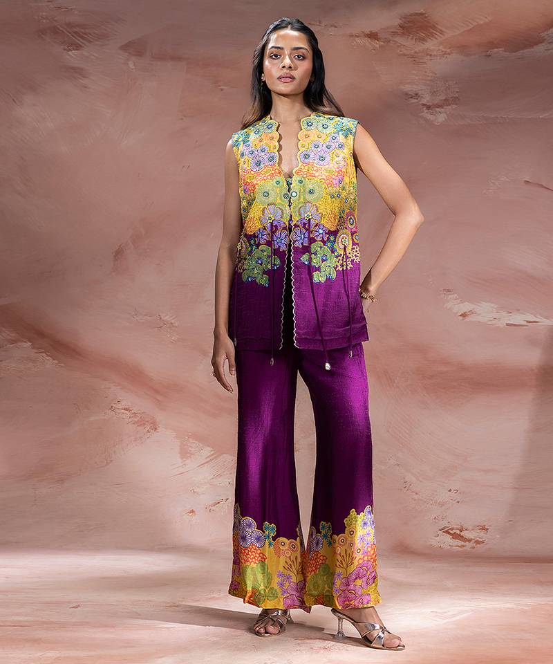 Purple embroidered silk co ord set