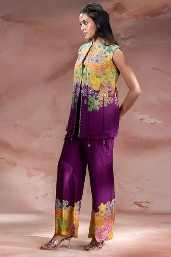Purple embroidered silk co ord set