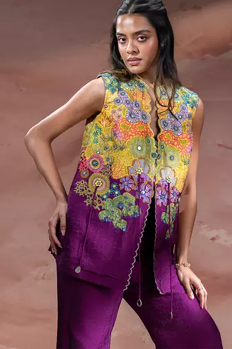 Purple embroidered silk co ord set