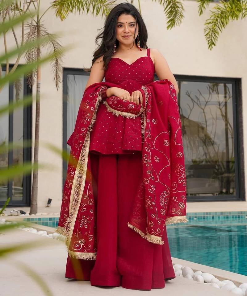 Trendy cruncy embroidered kurti set withdupatta for women