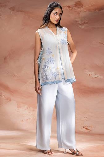Powder blue embroidered net co ord set