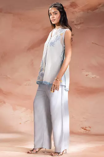 Powder blue embroidered net co ord set