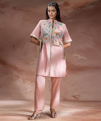 Pastel pink embroidered net co ord set 1