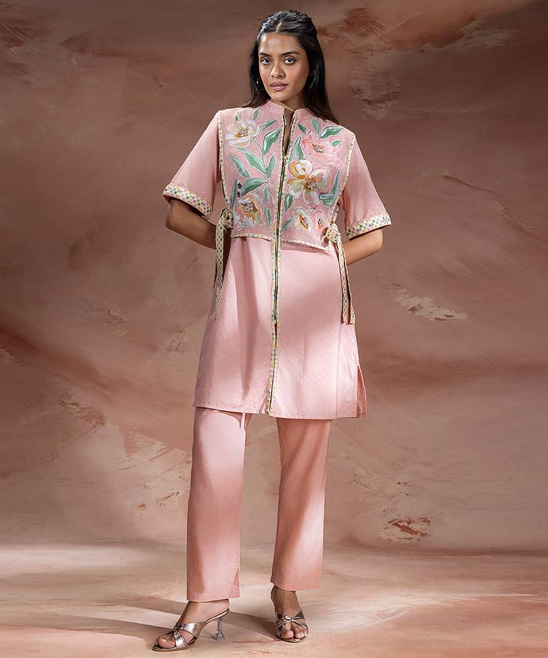 Pastel pink embroidered net co ord set