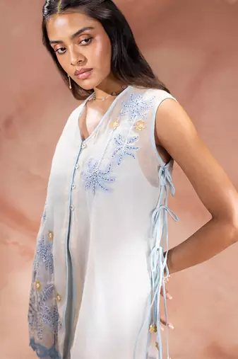 Powder blue embroidered net co ord set
