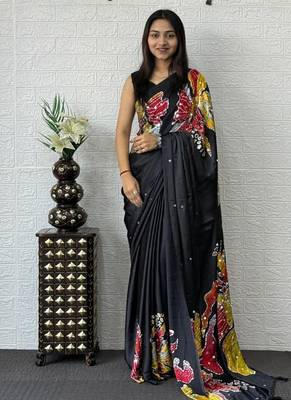 Black Color Mirror Work Satin Silk Saree 1