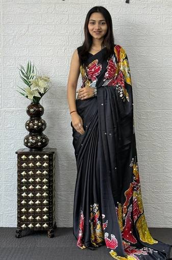 Black Color Mirror Work Satin Silk Saree