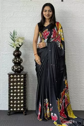Black Color Mirror Work Satin Silk Saree