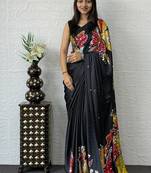 Black Color Mirror Work Satin Silk Saree