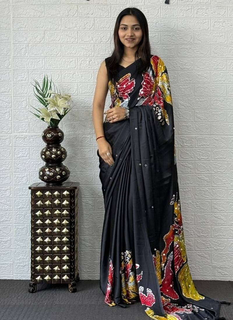 Black Color Mirror Work Satin Silk Saree