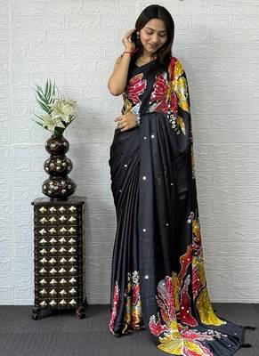 Black Color Mirror Work Satin Silk Saree 2
