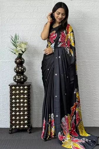 Black Color Mirror Work Satin Silk Saree