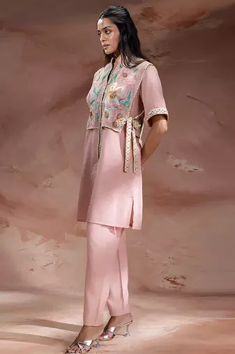 Pastel pink embroidered net co ord set