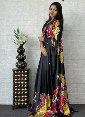 Black Color Mirror Work Satin Silk Saree 3