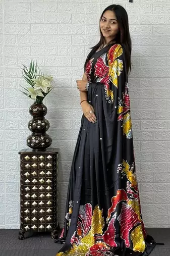 Black Color Mirror Work Satin Silk Saree