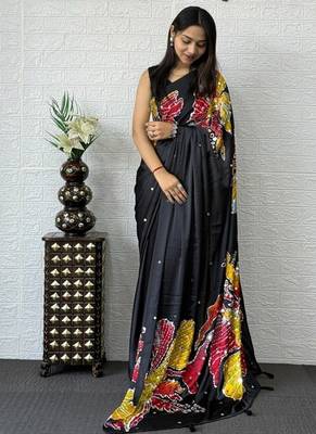 Black Color Mirror Work Satin Silk Saree 4