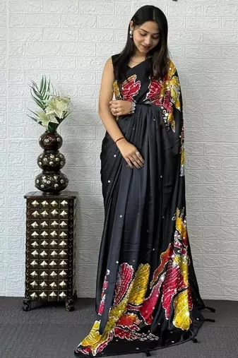 Black Color Mirror Work Satin Silk Saree