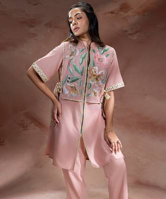 Pastel pink embroidered net co ord set 3