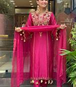 embroidered p.v. chanderi kurti pant dupatta set