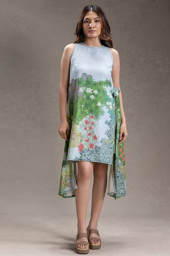 Blue printed twill cotton short dress
