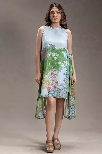 Blue printed twill cotton short dress