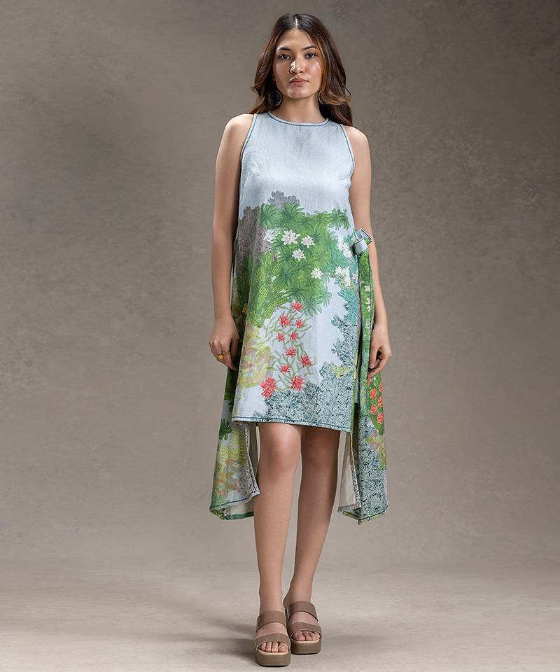 Blue printed twill cotton short dress