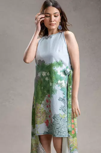 Blue printed twill cotton short dress